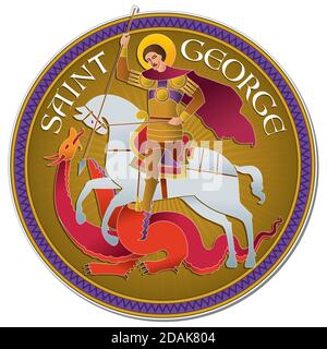 Disegno colorato di San Giorgio che cavalcano un cavallo e combattono il Drago, in modo stilizzato e le parole SAN GIORGIO dietro. Illustrazione digitale. Foto Stock