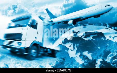 Disegno astratto sfondo camion e aereo transport.Highway e delivering.World mappa e trasporto internazionale. Immagine relativa alla logistica. Foto Stock