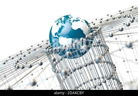 illustrazione in 3d del concetto di rete e internet e mappa della piega del globo. Telecomunicazioni globali e cloud computing Foto Stock