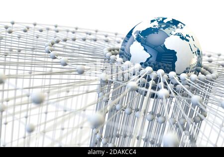 illustrazione in 3d del concetto di rete e internet e mappa della piega del globo. Telecomunicazioni globali e cloud computing Foto Stock