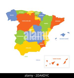 Mappa politica rosa della Spagna. Divisioni amministrative - comunità autonome. Semplice mappa vettoriale piatta con etichette. Illustrazione Vettoriale