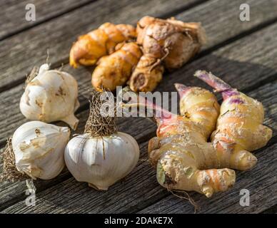 Cose esotiche dalla Franconia in Germania: Zenzero, aglio e curcuma. Autentici souvenir che consumano a casa e non raccolgono polvere: Aglio di Bamberga e tuberi di curcuma e zenzero Foto Stock