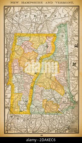 Mappa del XIX secolo del New Hampshire e del Vermont. Pubblicato in New Dollar Atlas degli Stati Uniti e Dominion del Canada. (Rand McNally & Co., Chicag Foto Stock