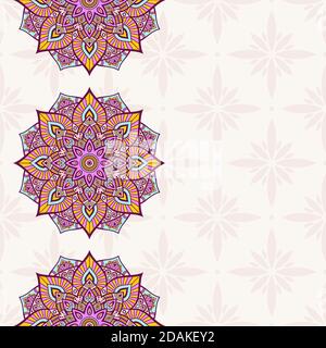 Motivo senza giunture con mandala. Confini in merletto Mehndi. Texture infinita. Spazio per il testo. Sfondo a colori vettoriali. Illustrazione Vettoriale
