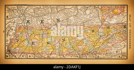 Mappa del Tennessee del XIX secolo. Pubblicato in New Dollar Atlas degli Stati Uniti e Dominion del Canada. (Rand McNally & Co's, Chicago, 1884). Foto Stock