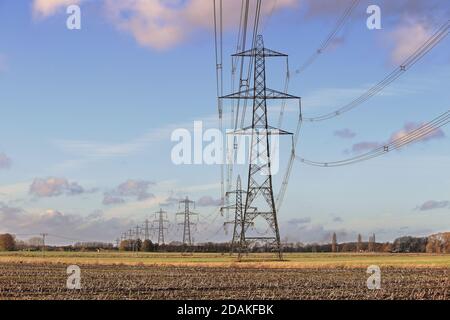 Fila di piloni elettrici in un paesaggio rurale inglese in Sud Oxfordshire Foto Stock