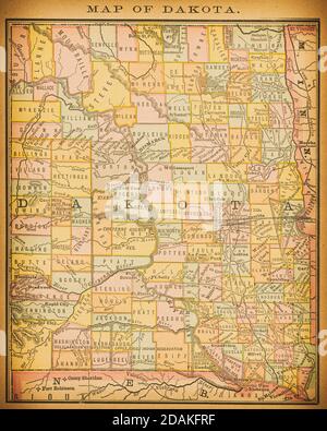Mappa del Dakota del XIX secolo. Pubblicato in New Dollar Atlas degli Stati Uniti e Dominion del Canada. (Rand McNally & Co's, Chicago, 1884). Foto Stock