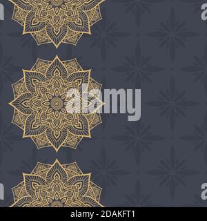 Motivo senza giunture con mandala. Confini in merletto Mehndi. Texture infinita. Spazio per il testo. Sfondo a colori vettoriali. Illustrazione Vettoriale