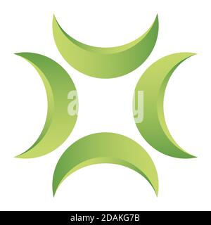 Quattro mezzaluna di colore disposte a simmetria isolate su sfondo bianco. Elementi di disegno astratti, forme geometriche con riempimento sfumato. Vettore. Illustrazione Vettoriale