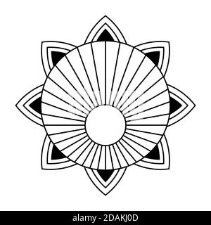 Ornamento circolare astratto. Mandala etnica. Fiore stilizzato. Tatuaggio stencil e stampa. Modello rotondo isolato. Elemento decorativo vettoriale. Illustrazione Vettoriale