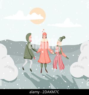 Le ragazze saltano in una danza rotonda e si godono neve inverno. Illustrazione Vettoriale