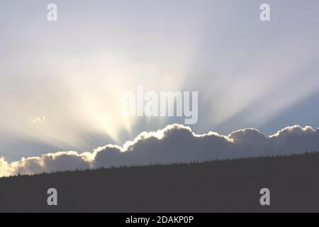 Cumulus Clouds nascondere il tramonto dietro la silhouette Tree Line creazione Raggi crepuscolari che raggiungono i cieli blu Foto Stock