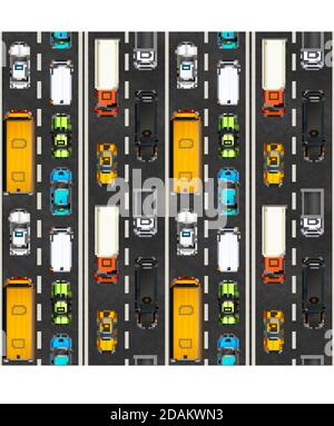 Vista dall'alto dell'ingorgo del traffico con un sacco di auto realistiche in autostrada, modello senza cuciture Illustrazione Vettoriale
