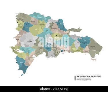 Repubblica Dominicana higt Mappa dettagliata con suddivisioni. Mappa amministrativa della Repubblica Dominicana con il nome dei distretti e delle città, colorata per stati e. Illustrazione Vettoriale