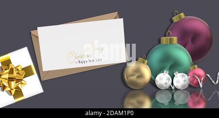 3D realistico Natale design con realistico Xmas palla bauble, natale confezione regalo con prua, testo Merry Natale felice anno nuovo su busta bianca su scuro Foto Stock