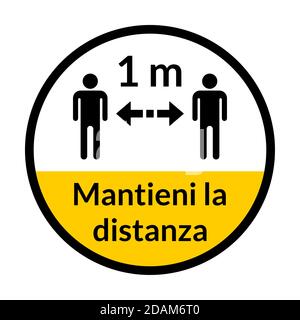 Mantieni la distanza (in italiano 'mantieni la distanza') 1 m o 1 metro Round Social Distanzing Warning Floor Marking Adhesive Icon. Immagine vettoriale. Illustrazione Vettoriale