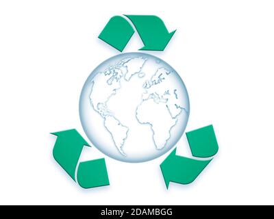 Terra circondata dal simbolo di riciclaggio, illustrazione. Foto Stock