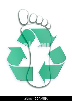 Simbolo di riciclaggio con impronta di carbonio, illustrazione. Foto Stock