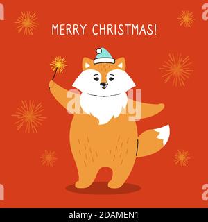 Biglietto di auguri natalizi, volpe con sparkler. Fumetto divertente disegnato a mano New Year rosso volpe personaggio di natale. Felice anno nuovo, Buon Natale. Vettore animale Illustrazione Vettoriale