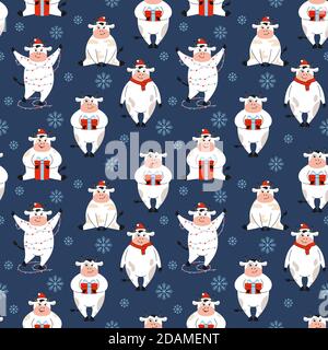 Natale modello senza giunture con toro. Vacca, bufalo o vitello simbolo del nuovo anno con regalo, fiocco di neve. Buon Natale, Felice Anno Nuovo. Vettore di carattere animale cartoon disegnato a mano Illustrazione Vettoriale