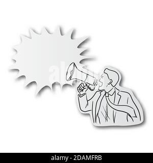 linea nera disegnata a mano di uomo d'affari che grida sul megafono sopra tagliare la carta con l'ombra isolata su sfondo bianco Illustrazione Vettoriale