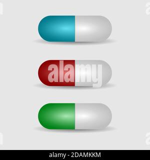 Tablet. Capsule mediche. Farmacia antidolorifici medicina, vitamine. Oggetti isolati su sfondo bianco. EPS 10 Illustrazione Vettoriale