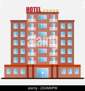 Hotel, hotel Icon, prenotazione, portiere, ricreazione, edificio. Design piatto, vettoriale. Illustrazione Vettoriale