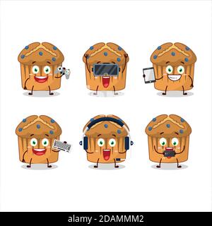 Blueberry muffin cartoon carattere sono giochi con vari cute emoticon Illustrazione Vettoriale