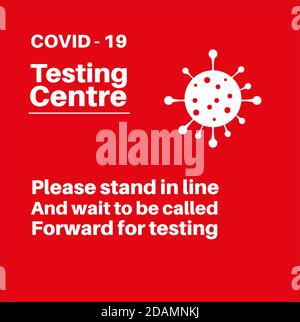 Centro di test Covid attendere in linea per essere chiamato in avanti per testare l'illustrazione vettoriale su uno sfondo rosso con il logo del virus. Illustrazione Vettoriale