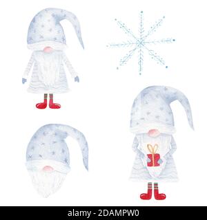 Gnomo d'acquerello natalizio e fiocco di neve. Dipinto a mano santa illustrazione insieme isolato su sfondo bianco. Grafica per decorazioni, biglietti d'auguri, Foto Stock