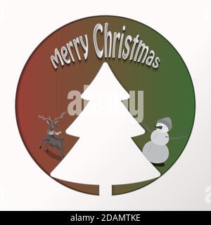 Biglietto d'auguri di Natale. Renna e innevamento uomo con allegro Natale lettering.Paper art design.Vector illustration.Eps10 Illustrazione Vettoriale