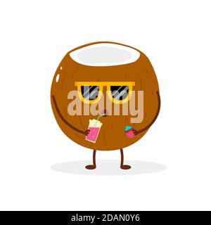 Divertente personaggio cartoon dal cocco che sta bevendo un frullato e mangiare un cupcake indossare occhiali da sole. Illustrazione Vettoriale