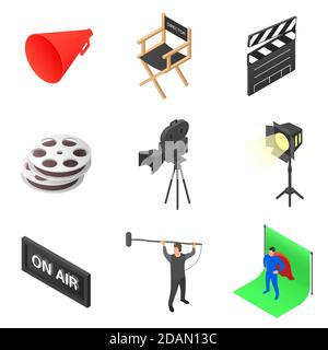 Insieme di icone sul tema del cinema. Produzione di film e attrezzature per filmare. Illustrazione Vettoriale