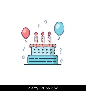 Icona torta di compleanno, colore, linea, contorno vettore segno, pittogramma lineare stile isolato su bianco. Simbolo, illustrazione del logo. Tratto modificabile. Perf. Pixel Illustrazione Vettoriale
