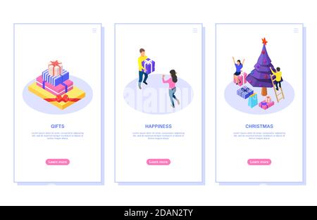 Set di banner di Natale. Set di scatole regalo, felice coppia decorare albero di Natale. Illustrazione Vettoriale