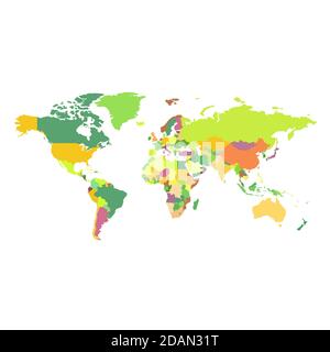 Mappa a colori del mondo divisa in paesi su sfondo bianco. Modello per siti Web e infografiche. Illustrazione Vettoriale