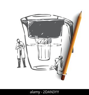 Concetto di acqua, purificata, bottiglia, pulita, filtrazione. Vettore isolato disegnato a mano. Illustrazione Vettoriale
