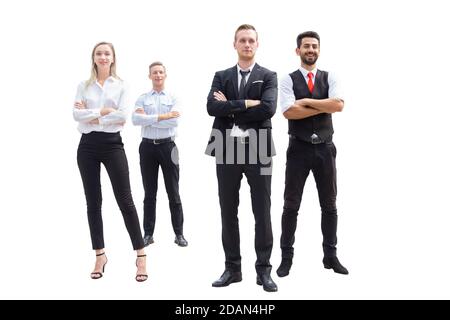 gruppo di uomini e donne d'affari in piedi fiducia e orgogliosa guardare isolato su sfondo bianco con tracciato di ritaglio Foto Stock