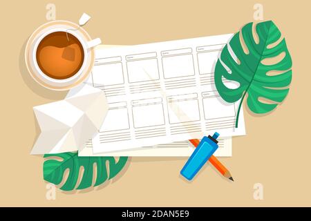 Illustrazione vettoriale del concetto di storyboard vista dall'alto Illustrazione Vettoriale