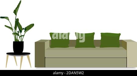 Interno soggiorno in stile moderno con divano. Interni con varie piante da casa, stand. Illustrazione vettoriale per negozi di fiori, striscioni, manifesti Illustrazione Vettoriale
