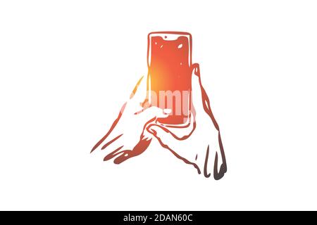 Concetto di smartphone, mano, digitazione, schermo, gadget. Vettore isolato disegnato a mano. Illustrazione Vettoriale