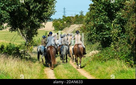 Un gruppo di cavalieri e pony fuori per un hack pomeridiano in un pomeriggio di autunno soleggiato Foto Stock