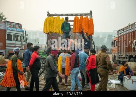 Nuova Delhi, India. 14 novembre 2020. La gente è vista comprare i fiori di marigold da un camion.UN mercato all'ingrosso dei fiori a Nuova Delhi durante la pandemia di Covid-19. I fiori sono importanti nei festival indù per la decorazione e l'offerta alle divinità. Credit: SOPA Images Limited/Alamy Live News Foto Stock