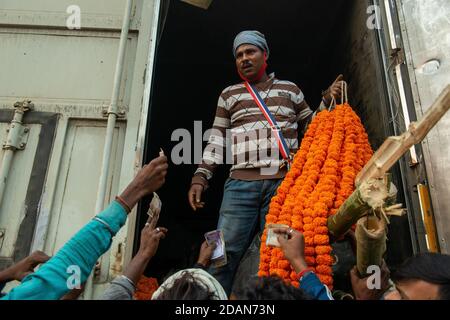 Nuova Delhi, India. 14 novembre 2020. L'uomo in un camion è visto tenere marigold ghirlande di fiori per la vendita, mentre la gente sta alzando le mani con soldi per i ghirlande di fiori. Un mercato dei fiori all'ingrosso a Nuova Delhi durante la pandemia di Covid-19. I fiori sono importanti nei festival indù per la decorazione e l'offerta alle divinità. Credit: SOPA Images Limited/Alamy Live News Foto Stock