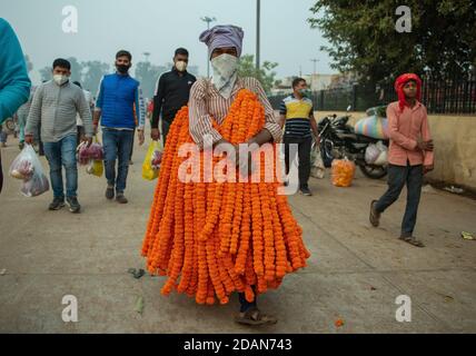 Nuova Delhi, India. 14 novembre 2020. Si vede un uomo che porta ghirlande di fiori marigold in vendita nel mercato dei fiori. Un mercato dei fiori all'ingrosso a Nuova Delhi durante la pandemia di Covid-19. I fiori sono importanti nei festival indù per la decorazione e l'offerta alle divinità. Credit: SOPA Images Limited/Alamy Live News Foto Stock