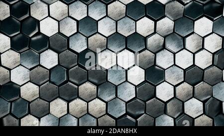 Esagoni metallici graffiati sfondo futuristico a nido d'ape, rappresentazione 3d Foto Stock