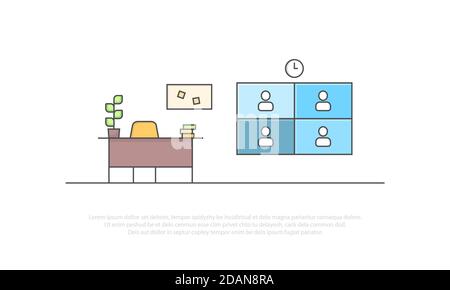 Banner online scuola classe interni. Illustrazione vettoriale in stile di contorno riempito. Illustrazione Vettoriale