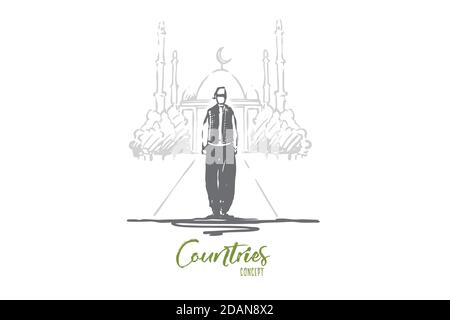 Turchia, moschea, paese, tradizionale, concetto di turismo. Vettore isolato disegnato a mano. Illustrazione Vettoriale