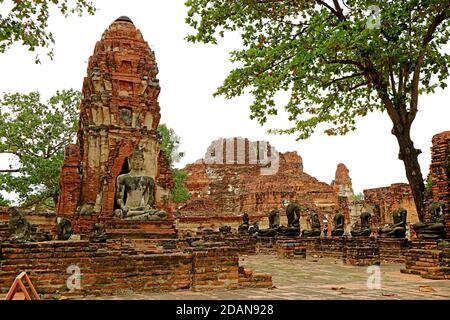 Gruppo di rovine di immagine del Buddha nel Tempio di Wat Mahathat o nel Monastero della Grande Reliquia nel Parco storico di Ayutthaya, Thailandia Foto Stock