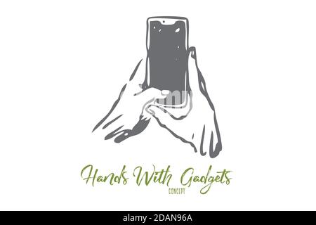 Concetto di smartphone, mano, digitazione, schermo, gadget. Vettore isolato disegnato a mano. Illustrazione Vettoriale